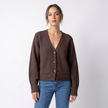 Women's V-Neck Cardigan Cropped Button Front Patch Pockets Gold Buttons