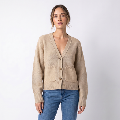 Women's V-Neck Cardigan Cropped Button Front Patch Pockets Gold Buttons