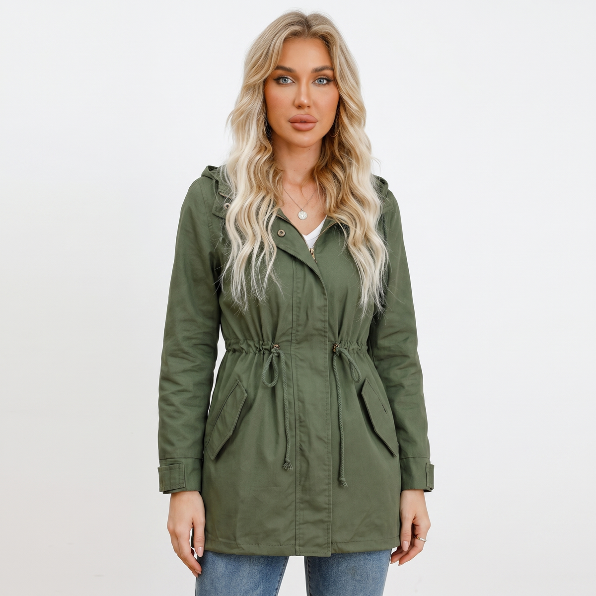 Women's Anorak Autumn Jacket Hooded Utility Drawstring Waist Flap Pockets
