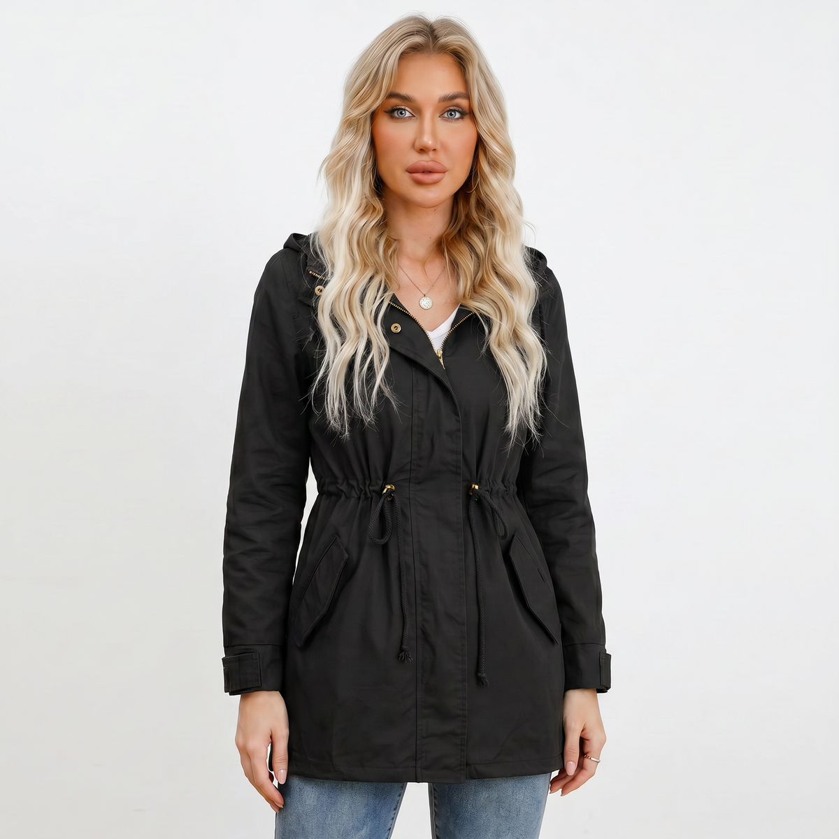 Women's Anorak Autumn Jacket Hooded Utility Drawstring Waist Flap Pockets