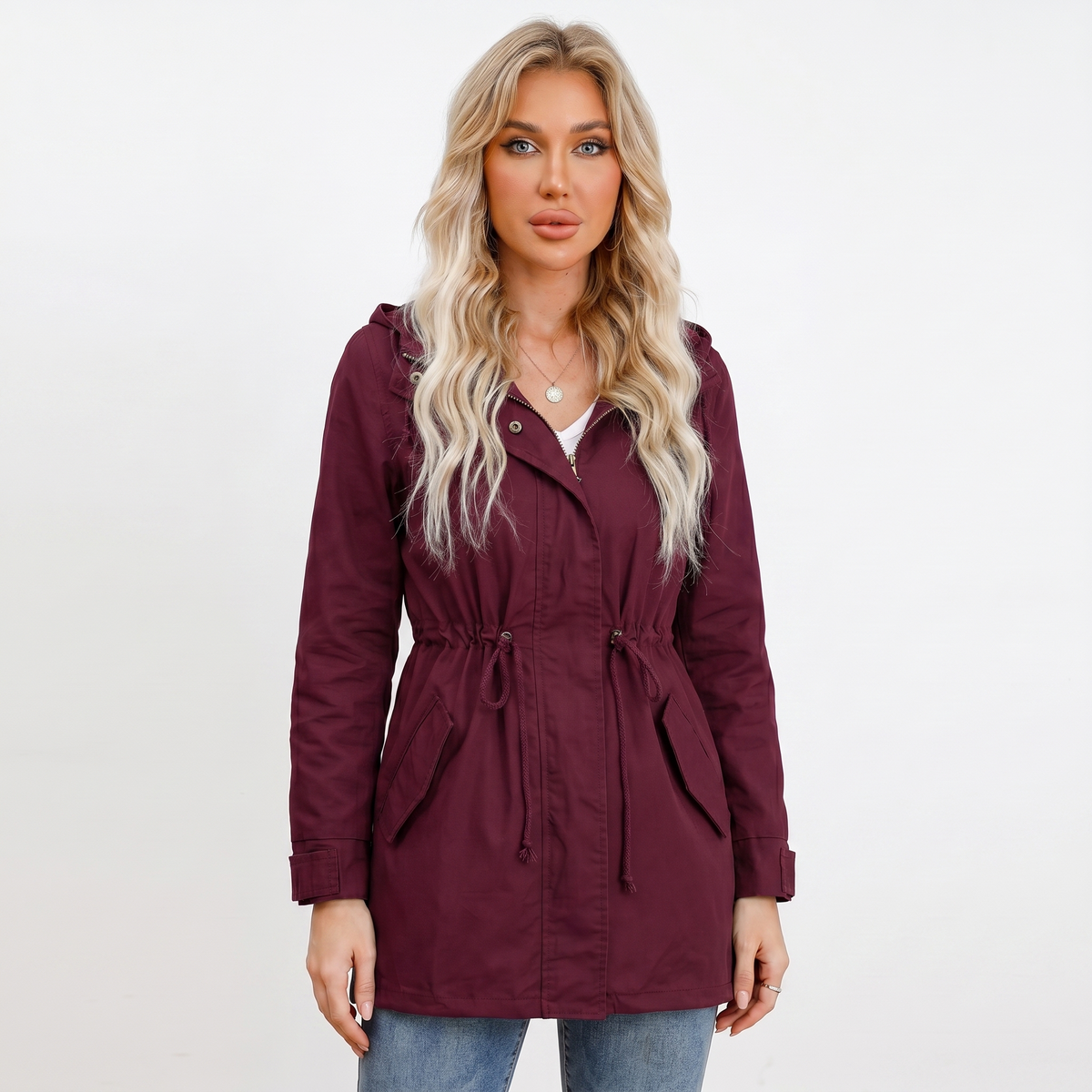 Women's Anorak Autumn Jacket Hooded Utility Drawstring Waist Flap Pockets