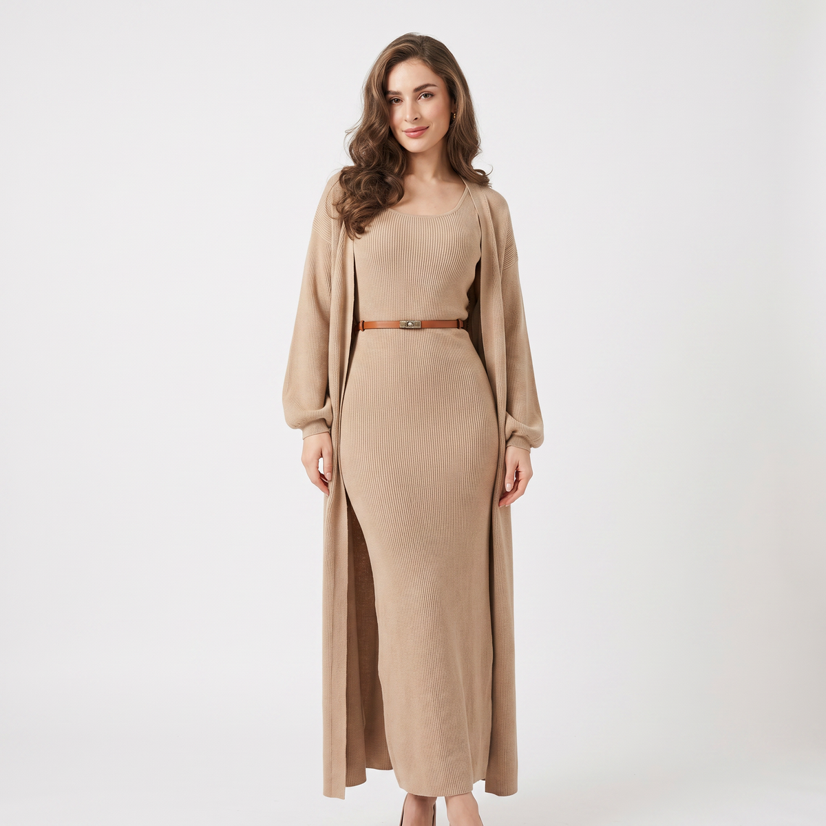 Women's Knit Set Ribbed Maxi Dress Longline Duster Winter Cardigan Co-Ord
