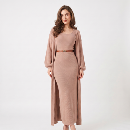 Women's Knit Set Ribbed Maxi Dress Longline Duster Winter Cardigan Co-Ord