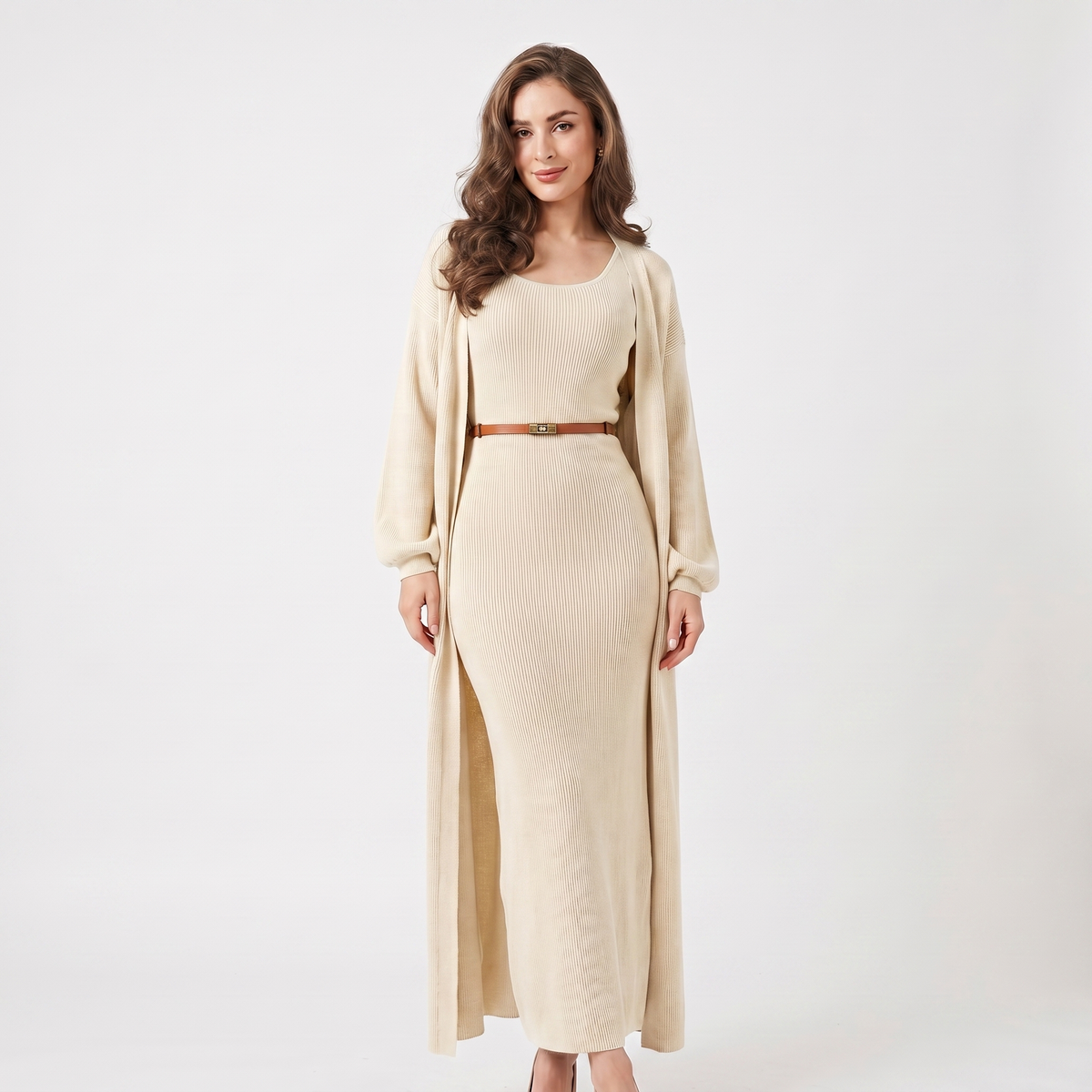 Women's Knit Set Ribbed Maxi Dress Longline Duster Winter Cardigan Co-Ord