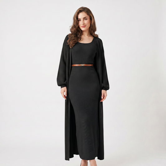 Conjunto de punto para mujer con vestido largo acanalado, cárdigan largo de invierno y conjunto coordinado