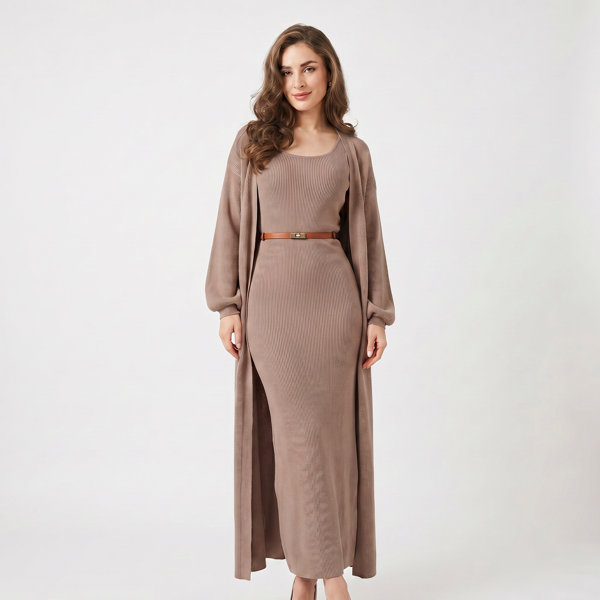 Women's Knit Set Ribbed Maxi Dress Longline Duster Winter Cardigan Co-Ord