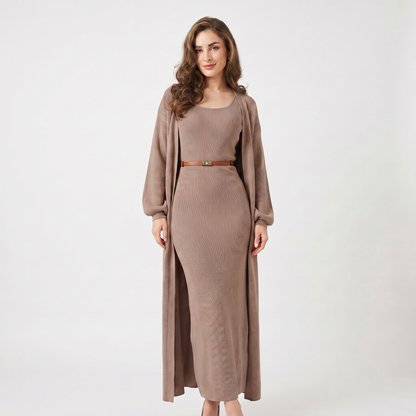 Women's Knit Set Ribbed Maxi Dress Longline Duster Winter Cardigan Co-Ord