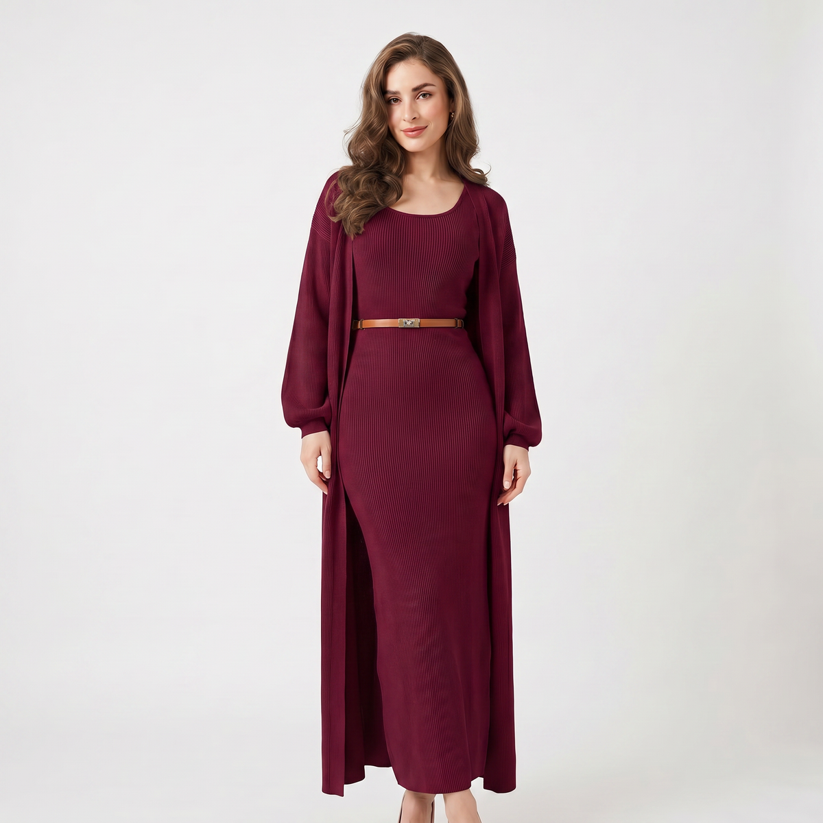Women's Knit Set Ribbed Maxi Dress Longline Duster Winter Cardigan Co-Ord