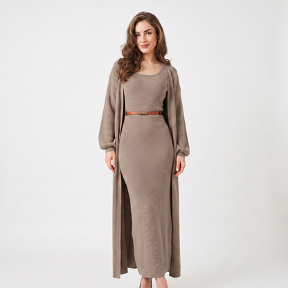 Women's Knit Set Ribbed Maxi Dress Longline Duster Winter Cardigan Co-Ord