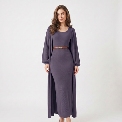 Women's Knit Set Ribbed Maxi Dress Longline Duster Winter Cardigan Co-Ord