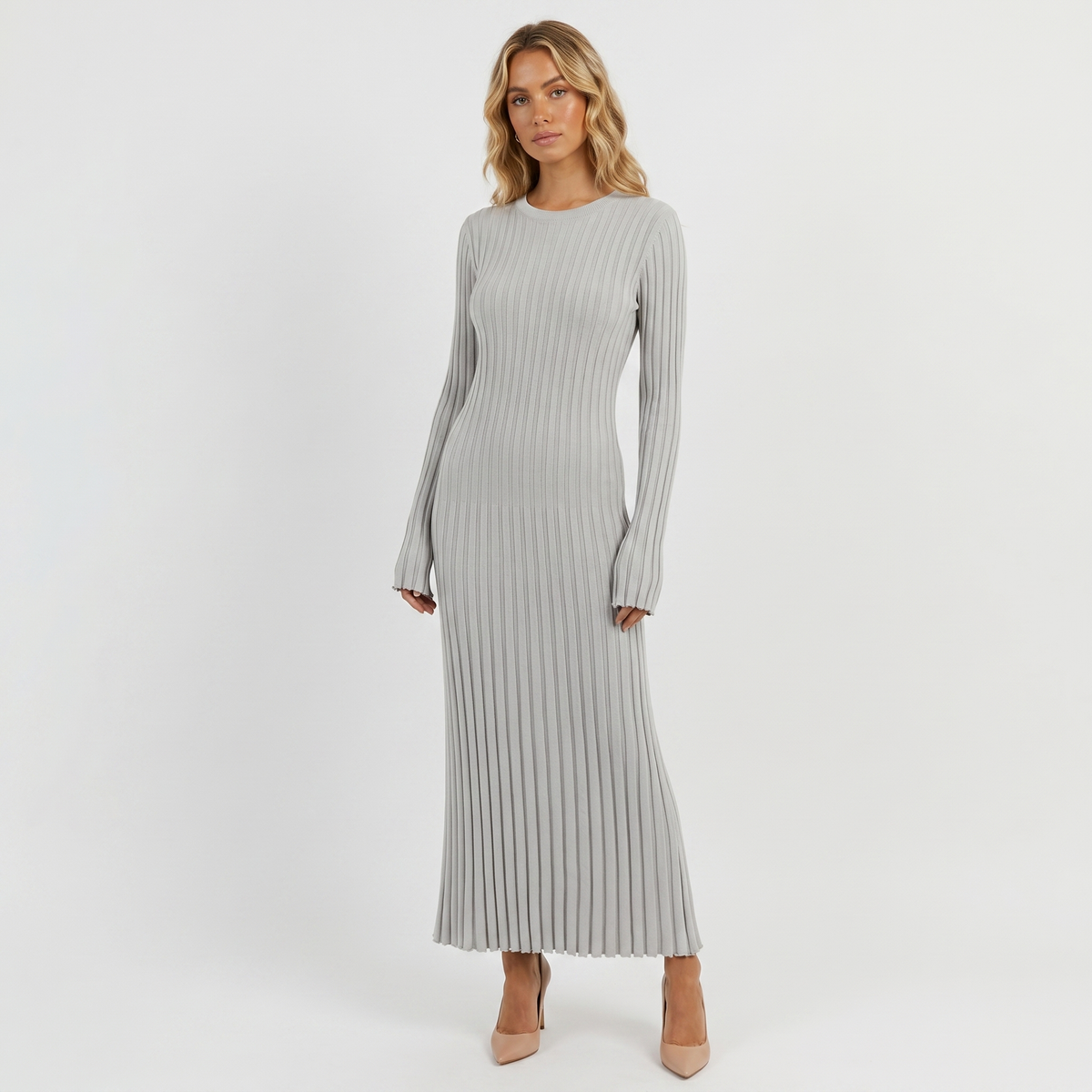 Women's Long-Sleeve Maxi Dress - Ribbed Knit Pleated Winter Skirt