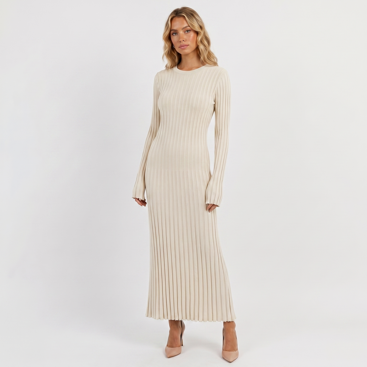 Women's Long-Sleeve Maxi Dress - Ribbed Knit Pleated Winter Skirt