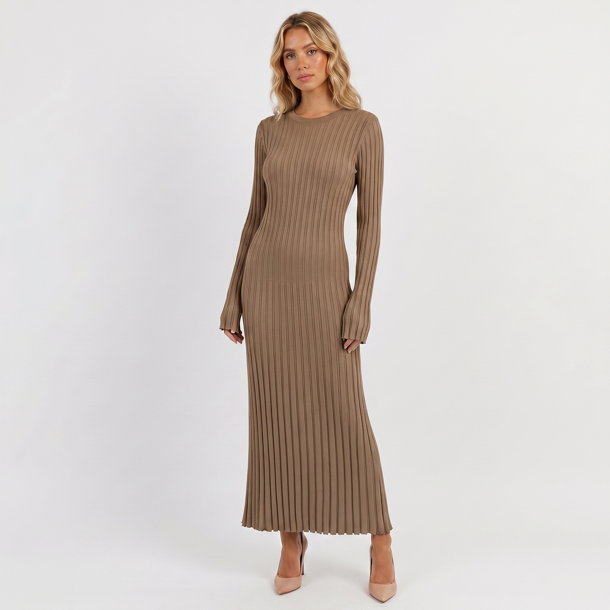 Women's Long-Sleeve Maxi Dress - Ribbed Knit Pleated Winter Skirt