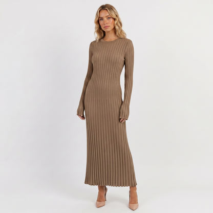 Women's Long-Sleeve Maxi Dress - Ribbed Knit Pleated Winter Skirt
