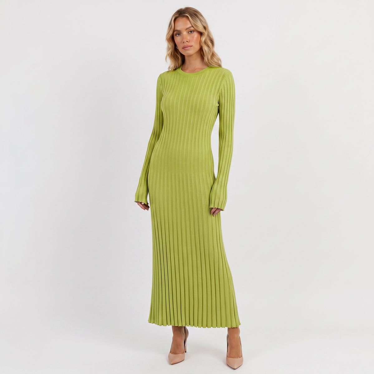 Women's Long-Sleeve Maxi Dress - Ribbed Knit Pleated Winter Skirt
