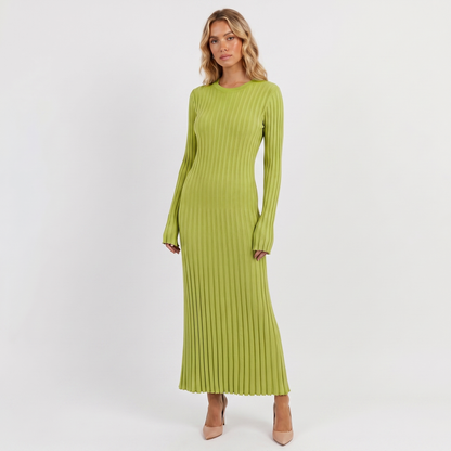 Women's Long-Sleeve Maxi Dress - Ribbed Knit Pleated Winter Skirt