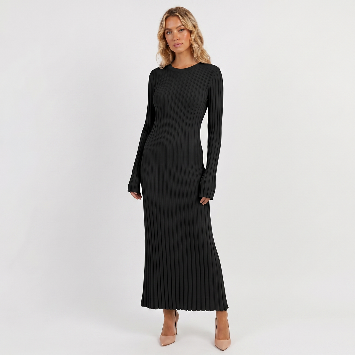 Women's Long-Sleeve Maxi Dress - Ribbed Knit Pleated Winter Skirt