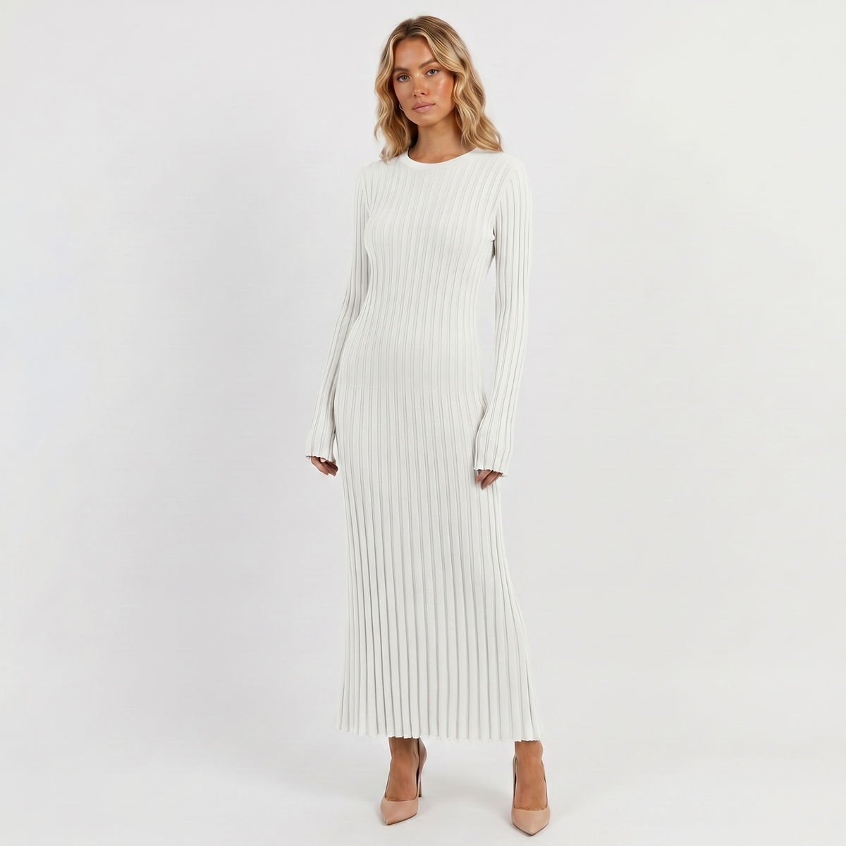 Women's Long-Sleeve Maxi Dress - Ribbed Knit Pleated Winter Skirt