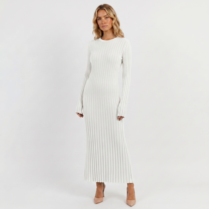 Women's Long-Sleeve Maxi Dress - Ribbed Knit Pleated Winter Skirt