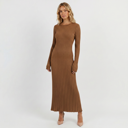 Women's Long-Sleeve Maxi Dress - Ribbed Knit Pleated Winter Skirt