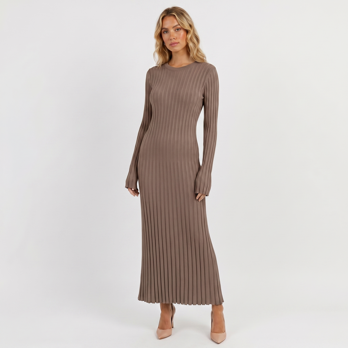 Women's Long-Sleeve Maxi Dress - Ribbed Knit Pleated Winter Skirt