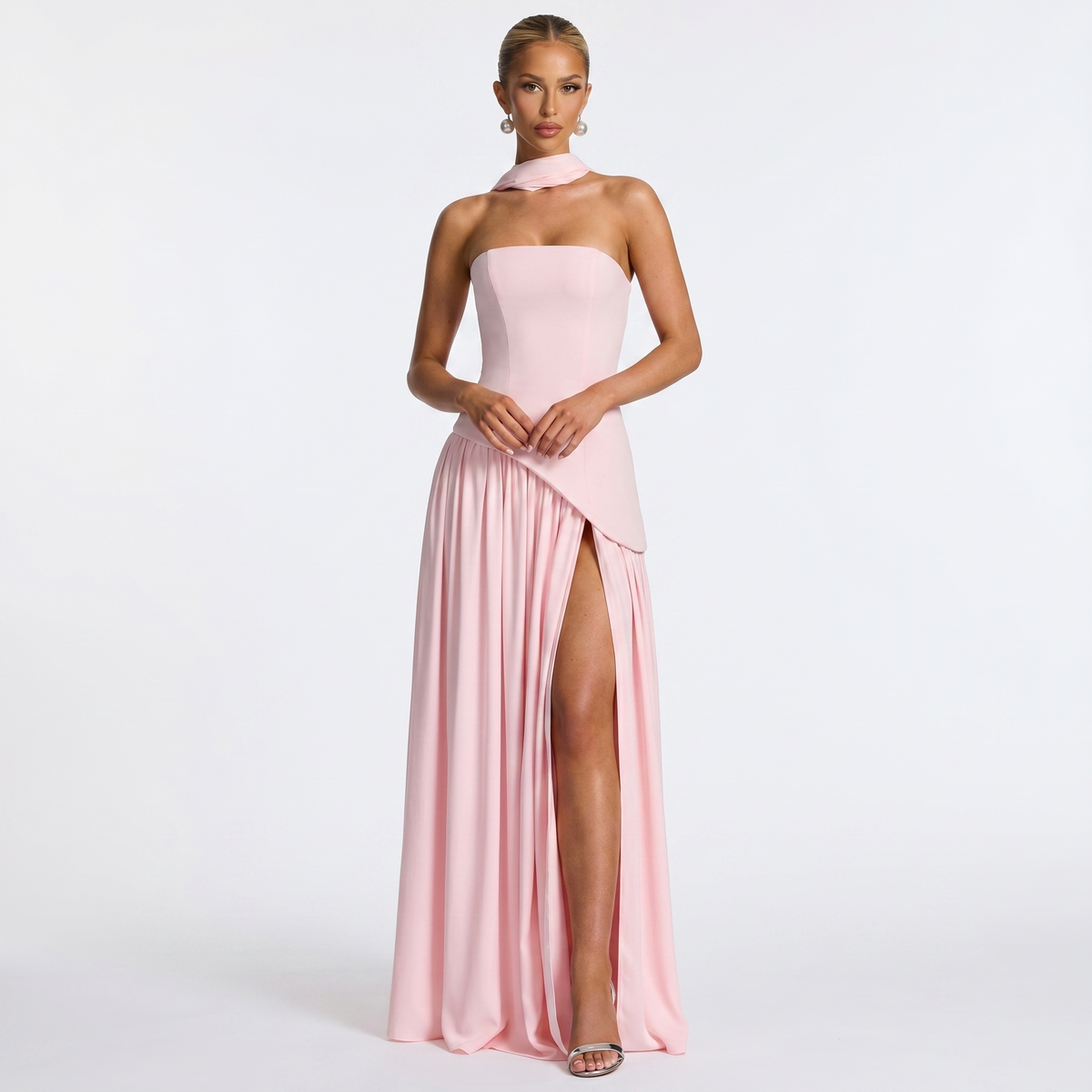 Women's Formal Maxi Dress Strapless Chiffon Split Scarf Neck Gathered Gown