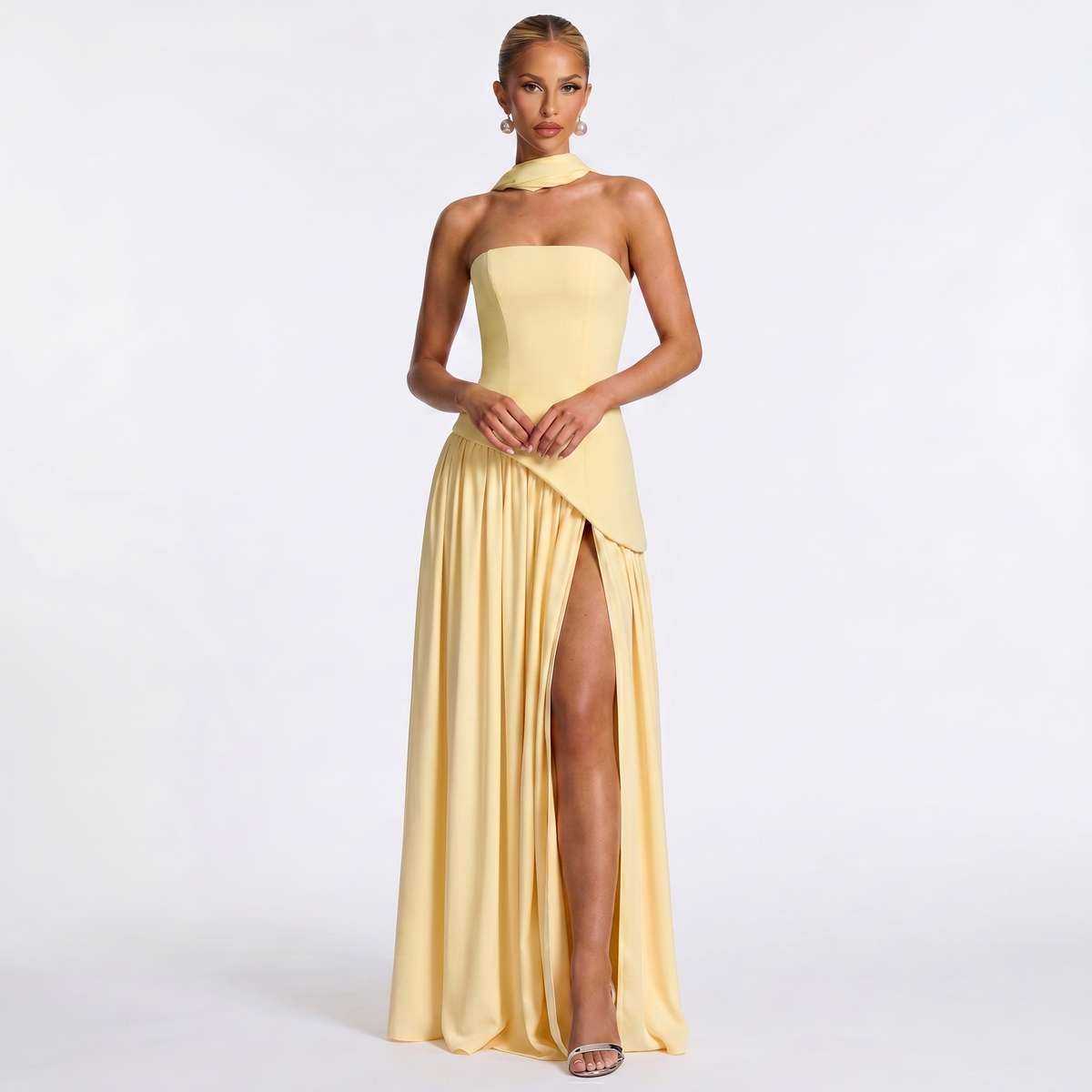 Women's Formal Maxi Dress Strapless Chiffon Split Scarf Neck Gathered Gown
