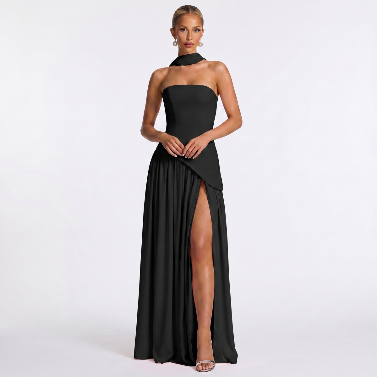 Women's Formal Maxi Dress Strapless Chiffon Split Scarf Neck Gathered Gown