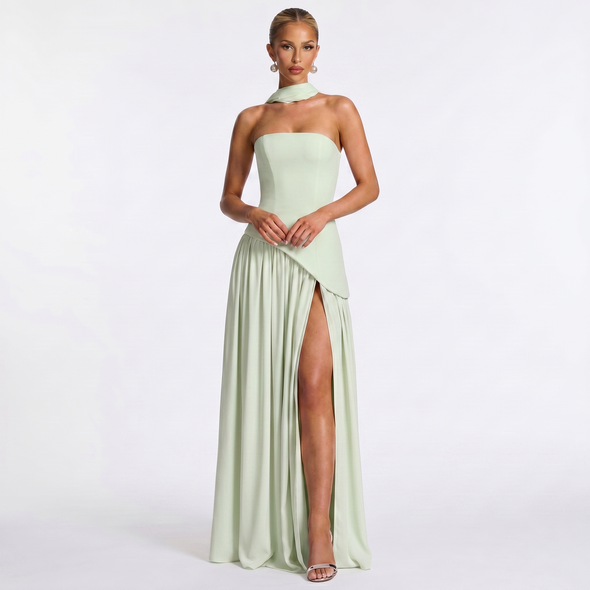 Women's Formal Maxi Dress Strapless Chiffon Split Scarf Neck Gathered Gown