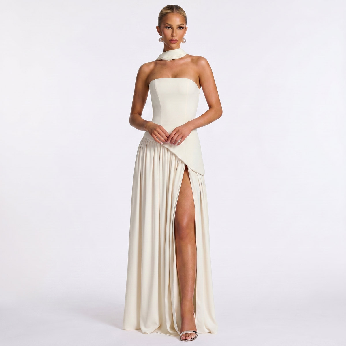 Women's Formal Maxi Dress Strapless Chiffon Split Scarf Neck Gathered Gown