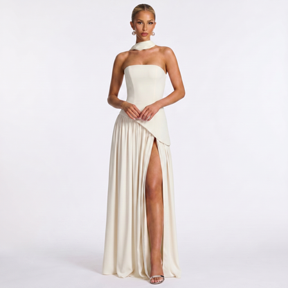 Women's Formal Maxi Dress Strapless Chiffon Split Scarf Neck Gathered Gown