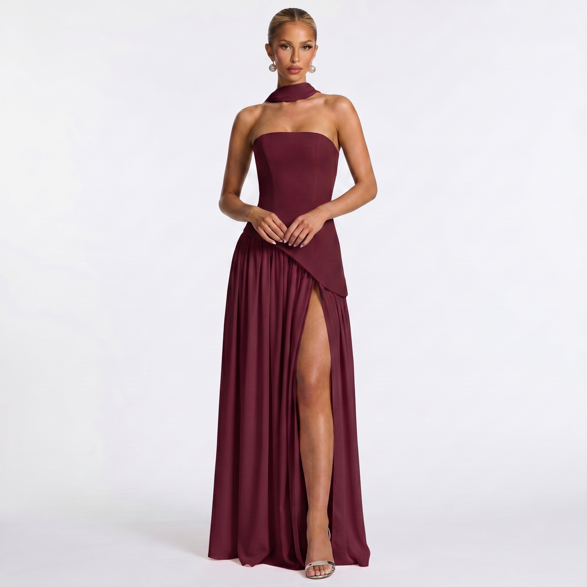 Women's Formal Maxi Dress Strapless Chiffon Split Scarf Neck Gathered Gown