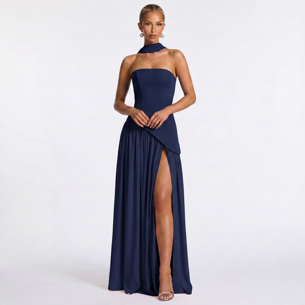 Women's Formal Maxi Dress Strapless Chiffon Split Scarf Neck Gathered Gown
