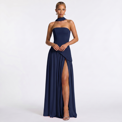 Women's Formal Maxi Dress Strapless Chiffon Split Scarf Neck Gathered Gown