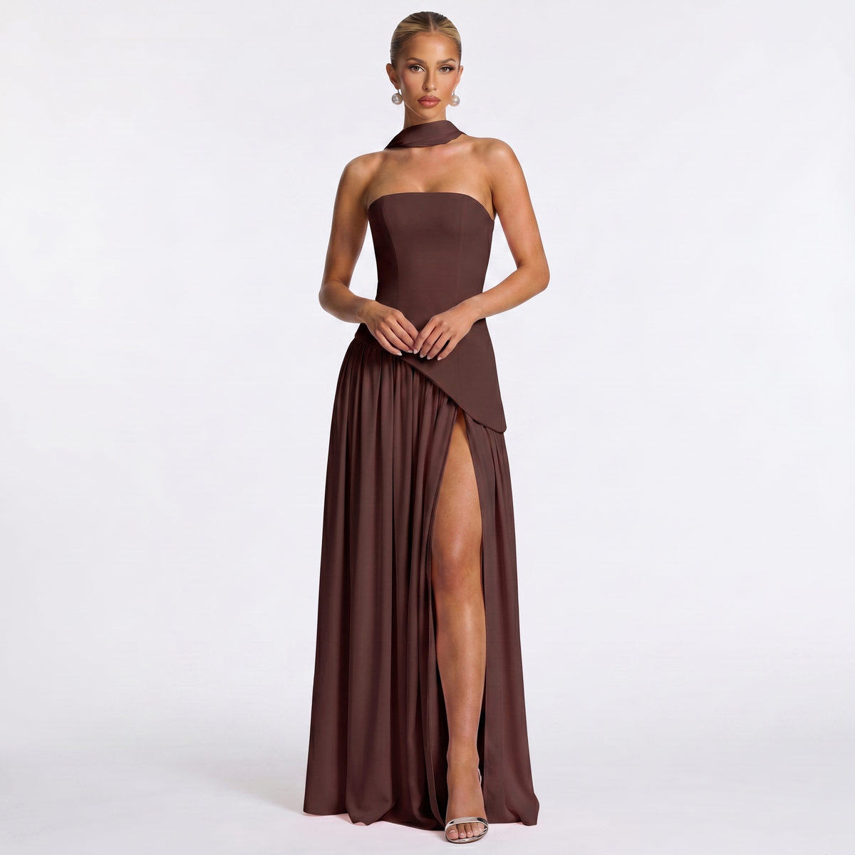 Women's Formal Maxi Dress Strapless Chiffon Split Scarf Neck Gathered Gown