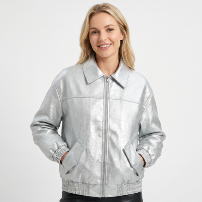 Women's Bomber Jacket – Faux Leather Point Collar Elasticated Hem Zip