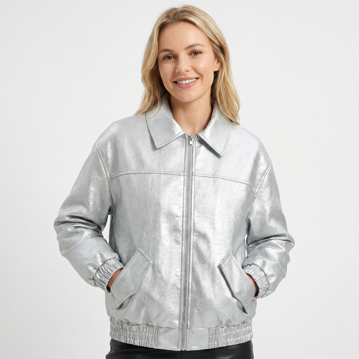 Cazadora bomber de mujer – Piel sintética Cuello punta Bajo elástico Cremallera