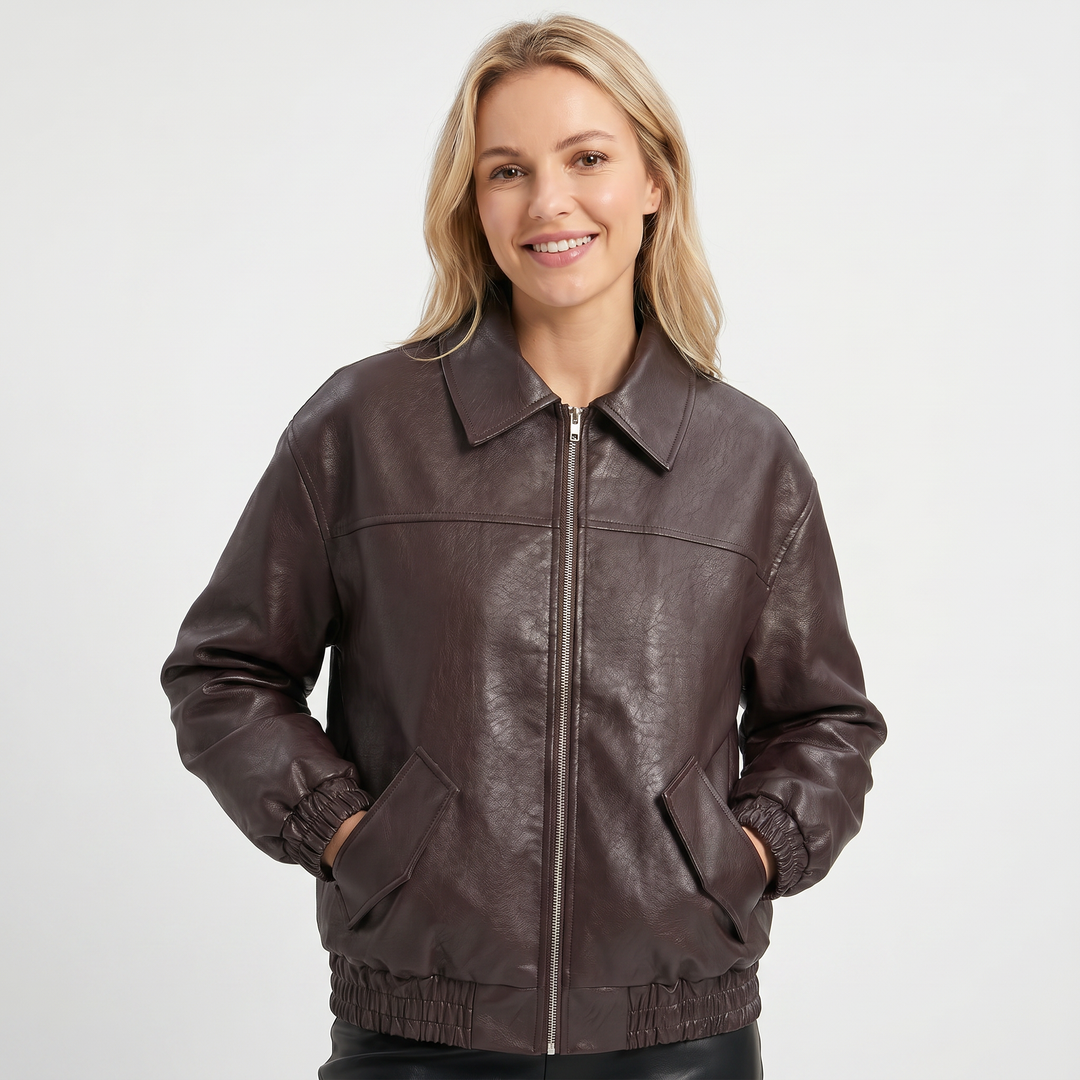 Cazadora bomber de mujer – Piel sintética Cuello punta Bajo elástico Cremallera
