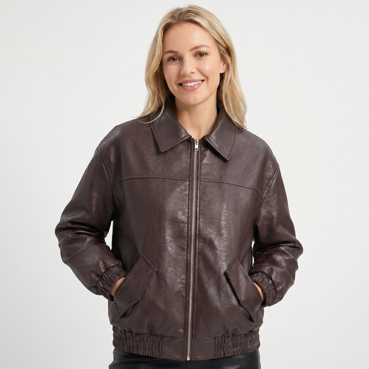 Cazadora bomber de mujer – Piel sintética Cuello punta Bajo elástico Cremallera
