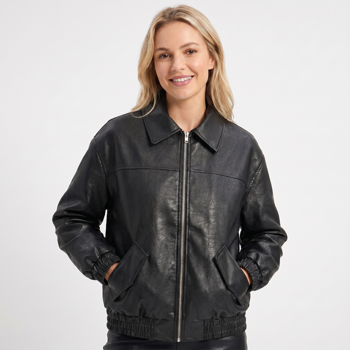 Cazadora bomber de mujer – Piel sintética Cuello punta Bajo elástico Cremallera