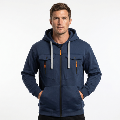 Men's Zip-Up Winter Hoodie Utility Chest Pockets Contrast Pull