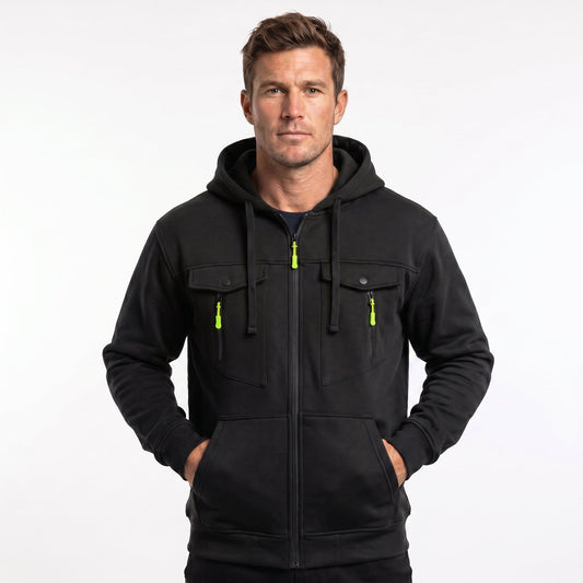 Men's Zip-Up Winter Hoodie Utility Chest Pockets Contrast Pull