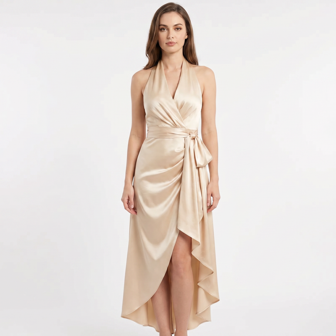 Satin Dress Halter - Deep V Wrap Ruffle Hi-Low Maxi
