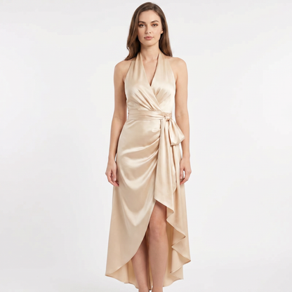 Satin Dress Halter - Deep V Wrap Ruffle Hi-Low Maxi