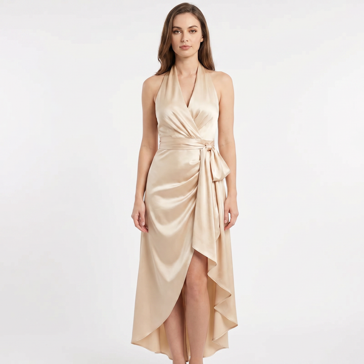 Satin Dress Halter - Deep V Wrap Ruffle Hi-Low Maxi
