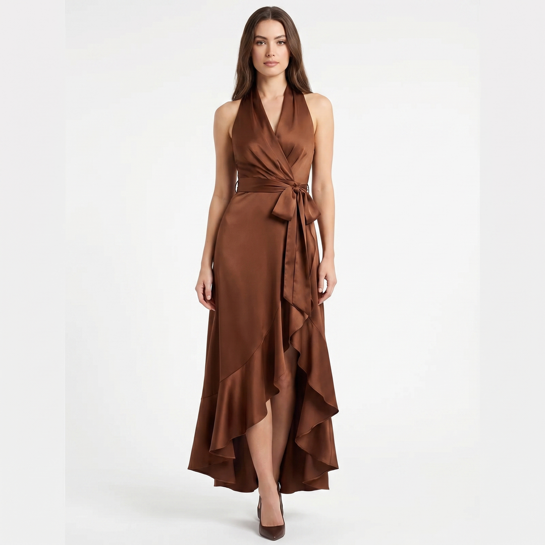 Satin Dress Halter - Deep V Wrap Ruffle Hi-Low Maxi