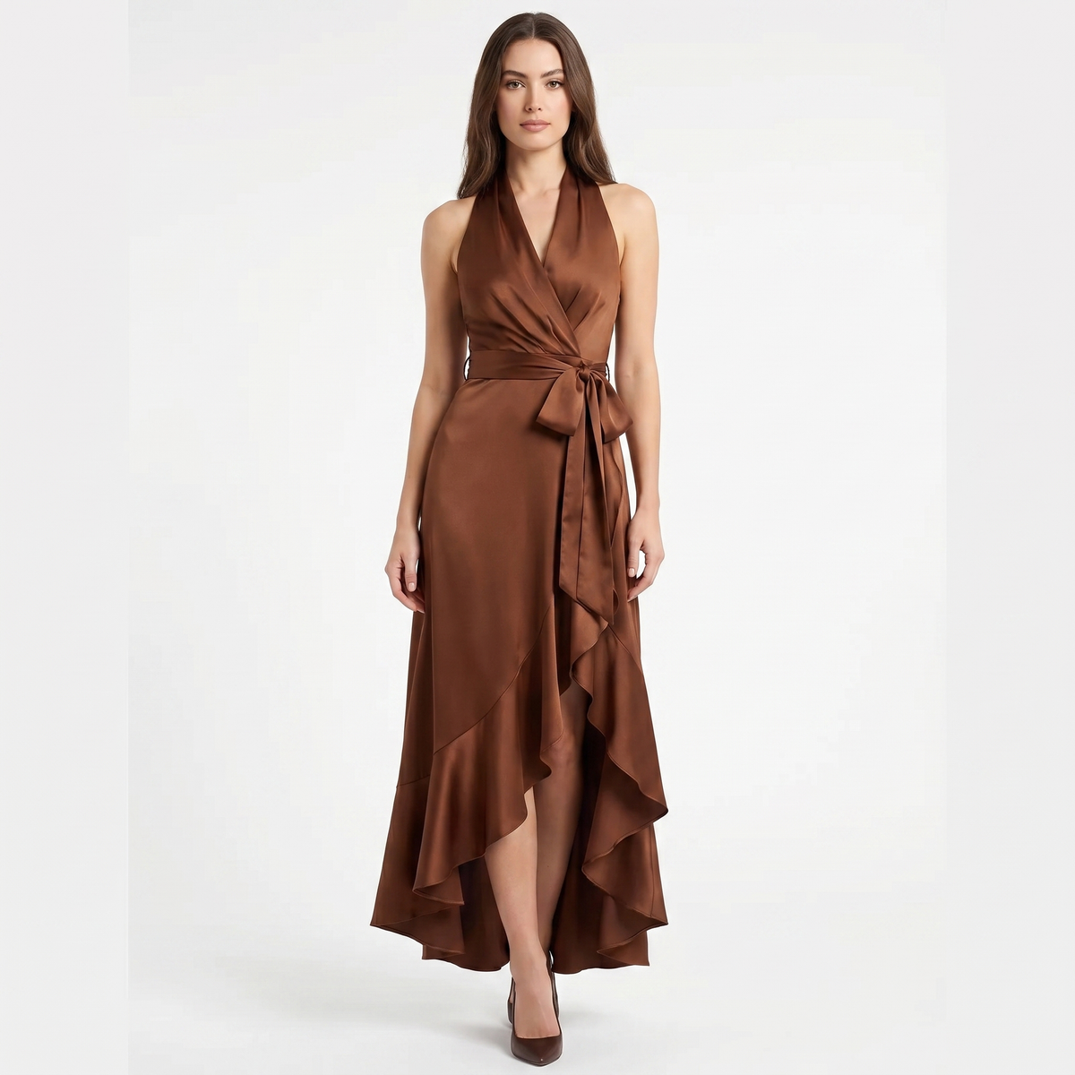 Satin Dress Halter - Deep V Wrap Ruffle Hi-Low Maxi