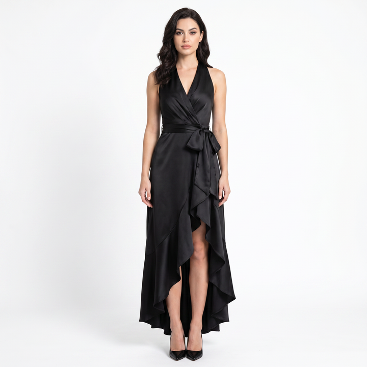 Satin Dress Halter - Deep V Wrap Ruffle Hi-Low Maxi