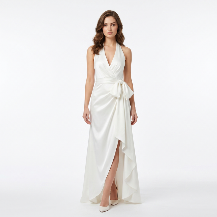 Satin Dress Halter - Deep V Wrap Ruffle Hi-Low Maxi