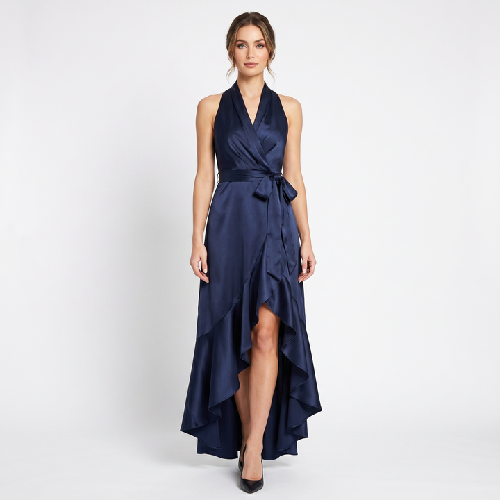 Satin Dress Halter - Deep V Wrap Ruffle Hi-Low Maxi